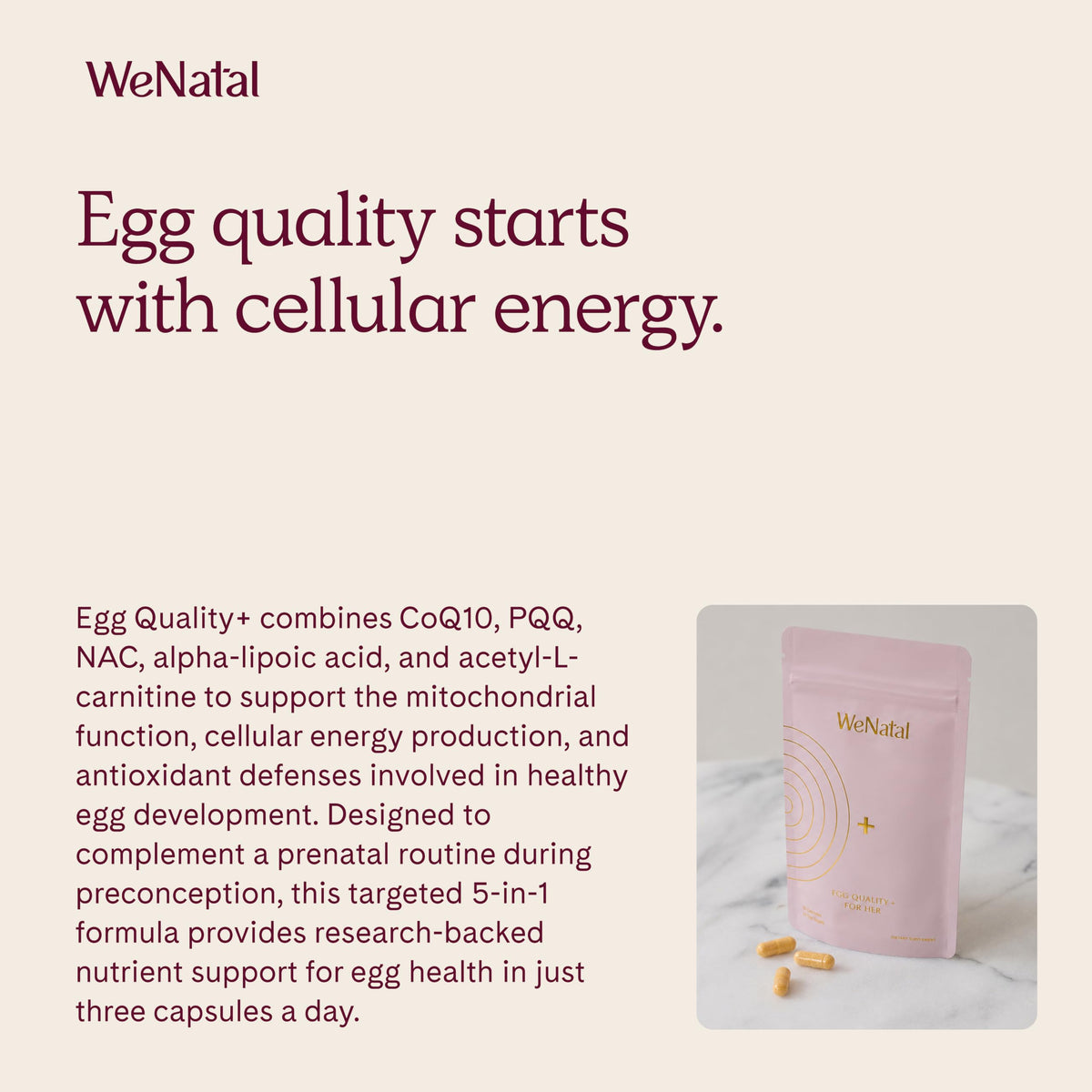 WeNatal Egg Quality+ sur une table avec des fruits et légumes