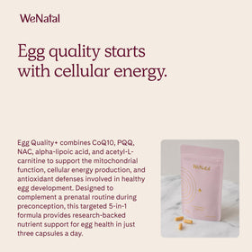 WeNatal Egg Quality+ sur une table avec des fruits et légumes