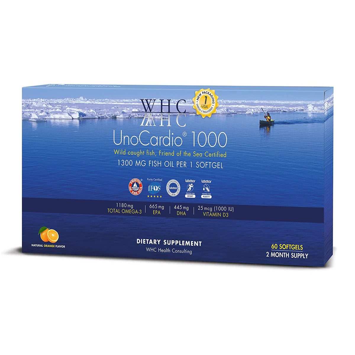 WHC UnoCardio 1000 Huile de Poisson Omega-3 60 capsules vue de face