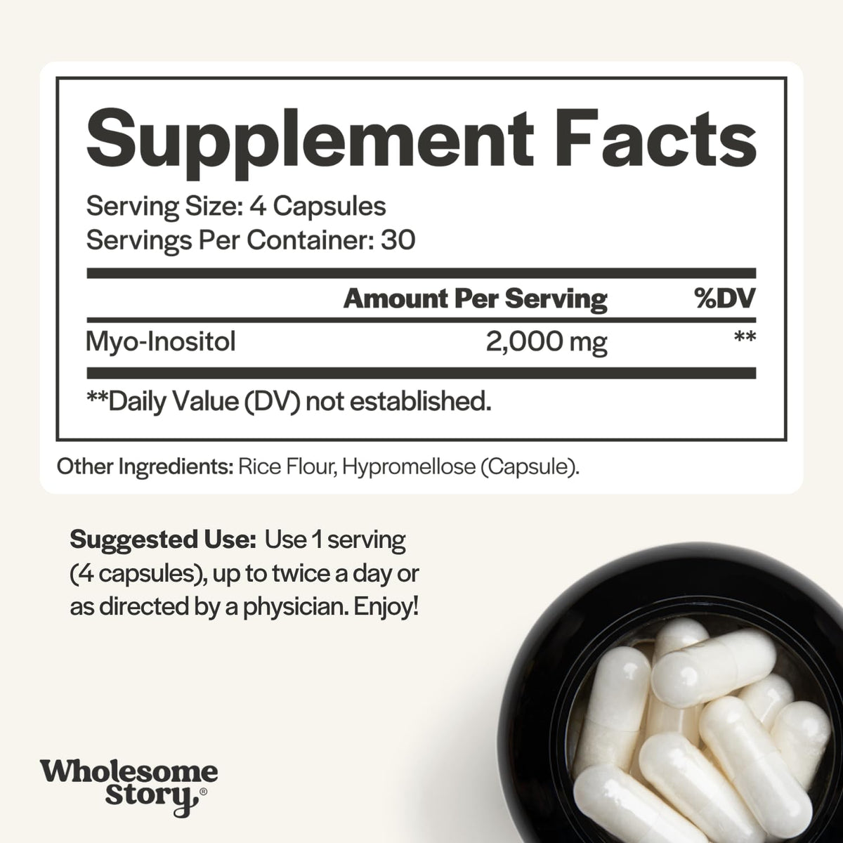 Wholesome Story Myo-Inositol capsules with dosage information