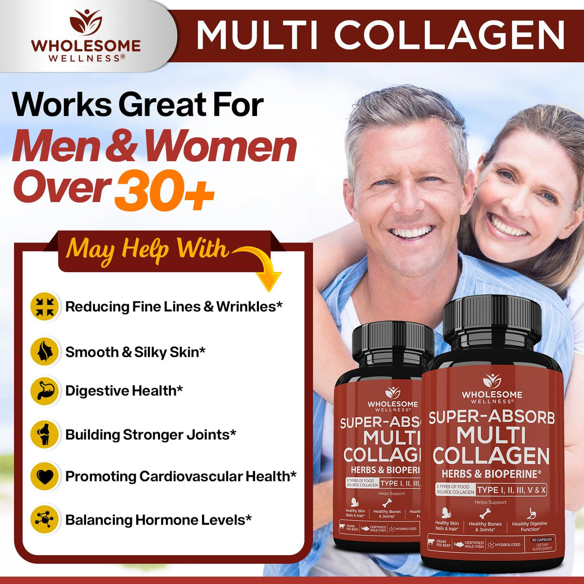 Wholesome Wellness Multi Collagène capsules sur une surface en bois