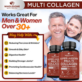 Wholesome Wellness Multi Collagène capsules sur une surface en bois