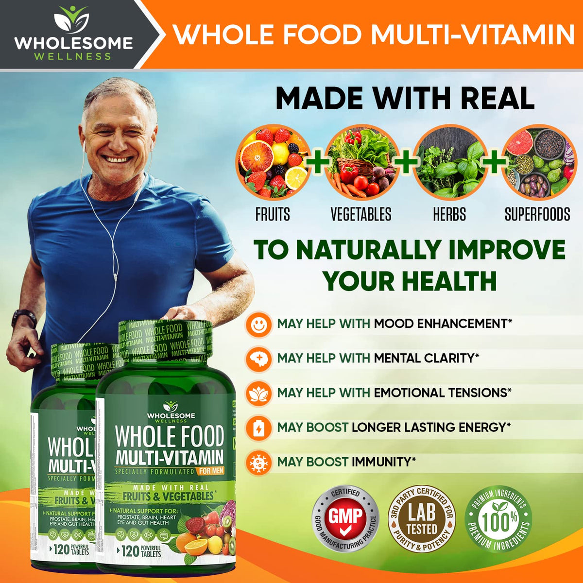 Wholesome Wellness Multivitamines Entières pour Hommes, comprimés sur fond blanc