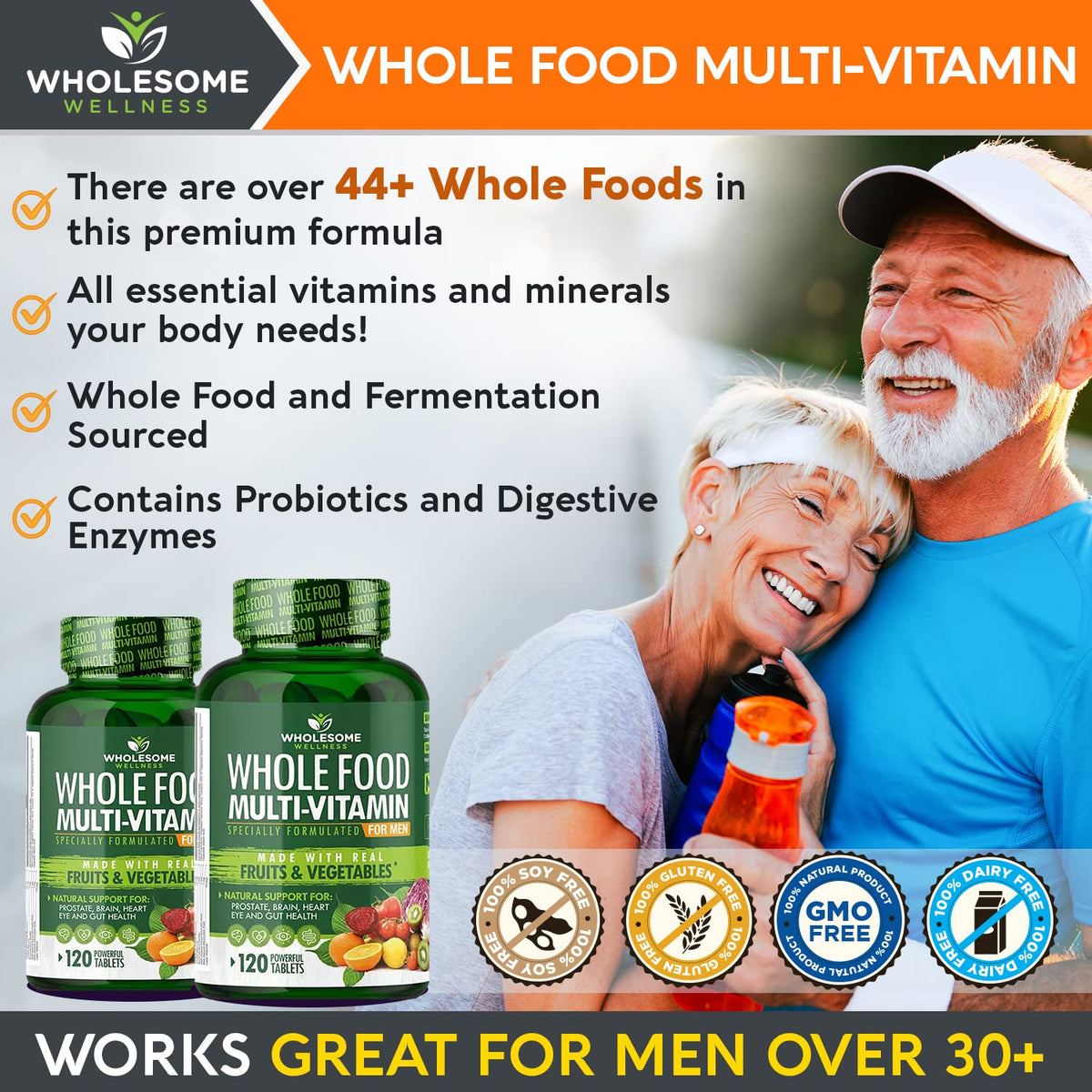 Wholesome Wellness Multivitamines Entières pour Hommes, vue de l'arrière de l'emballage
