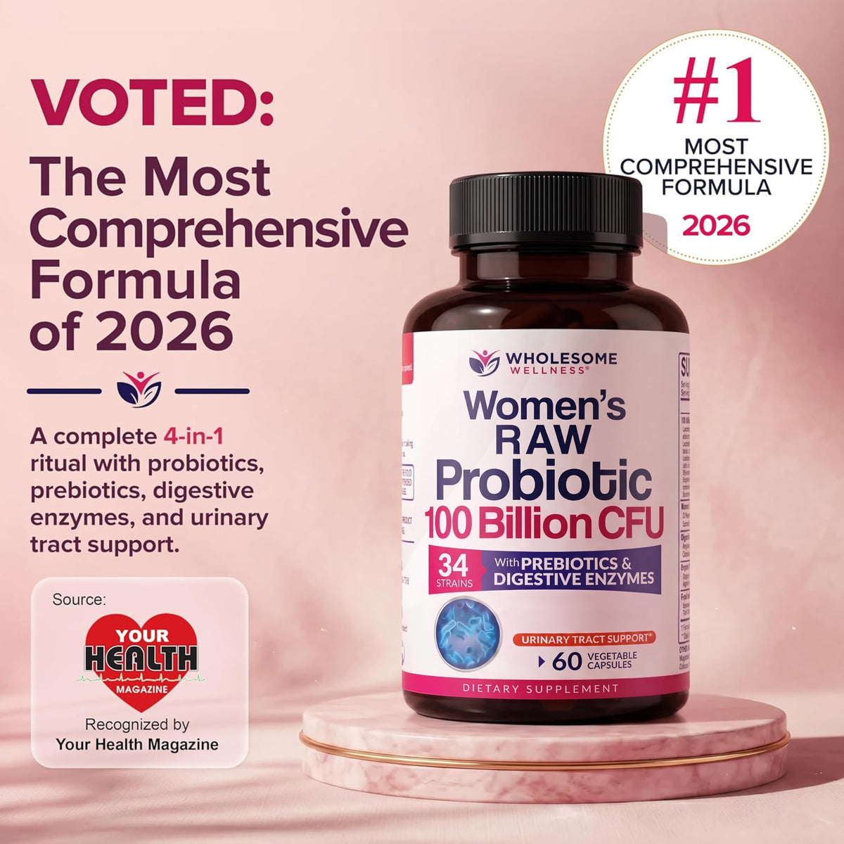 Wholesome Wellness Probiotiques Bruts Femmes 100 Milliards CFU capsules avec étiquette