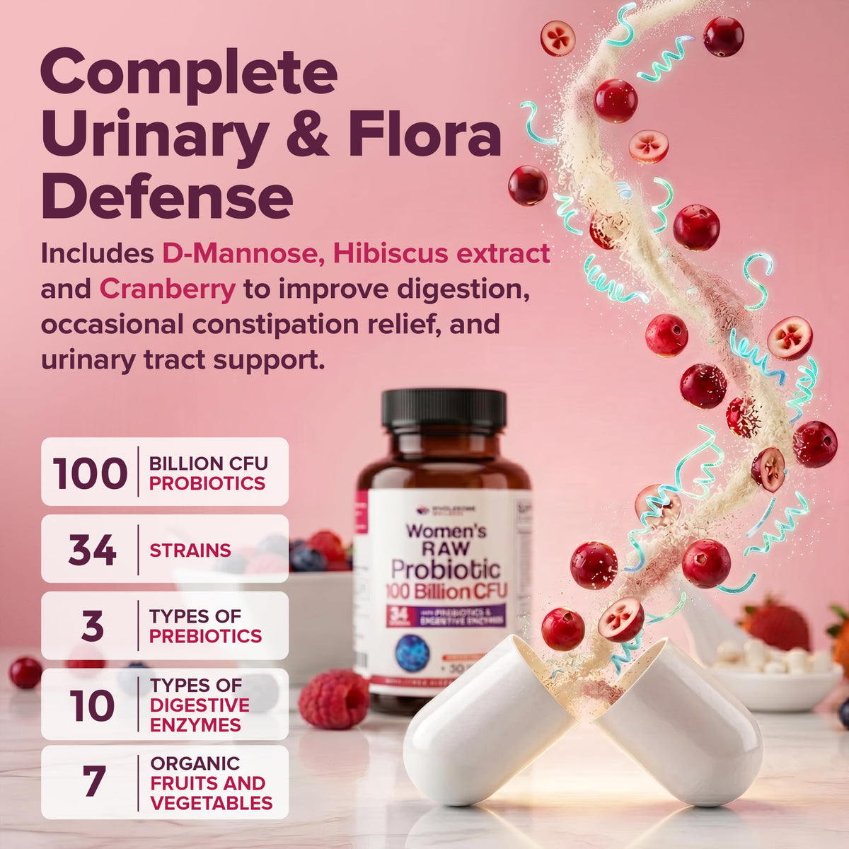 Wholesome Wellness Probiotiques Bruts Femmes 100 Milliards CFU capsules en gros plan
