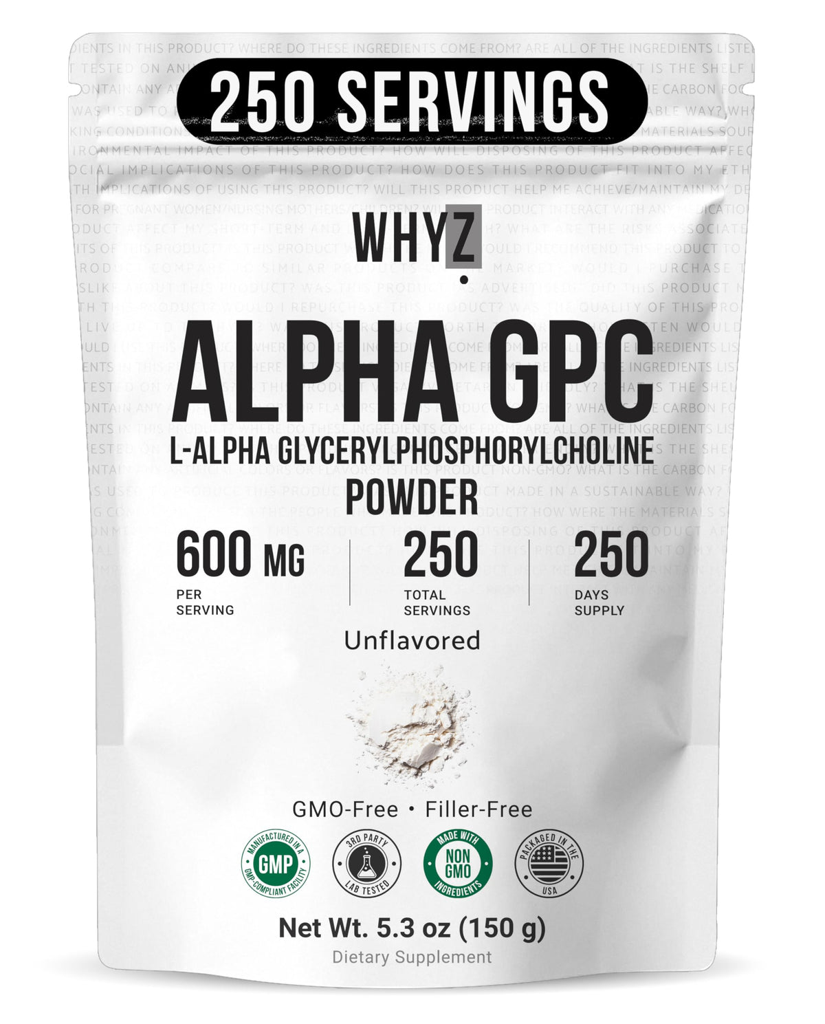 WHYZ Poudre Alpha-GPC 150g devant un fond neutre