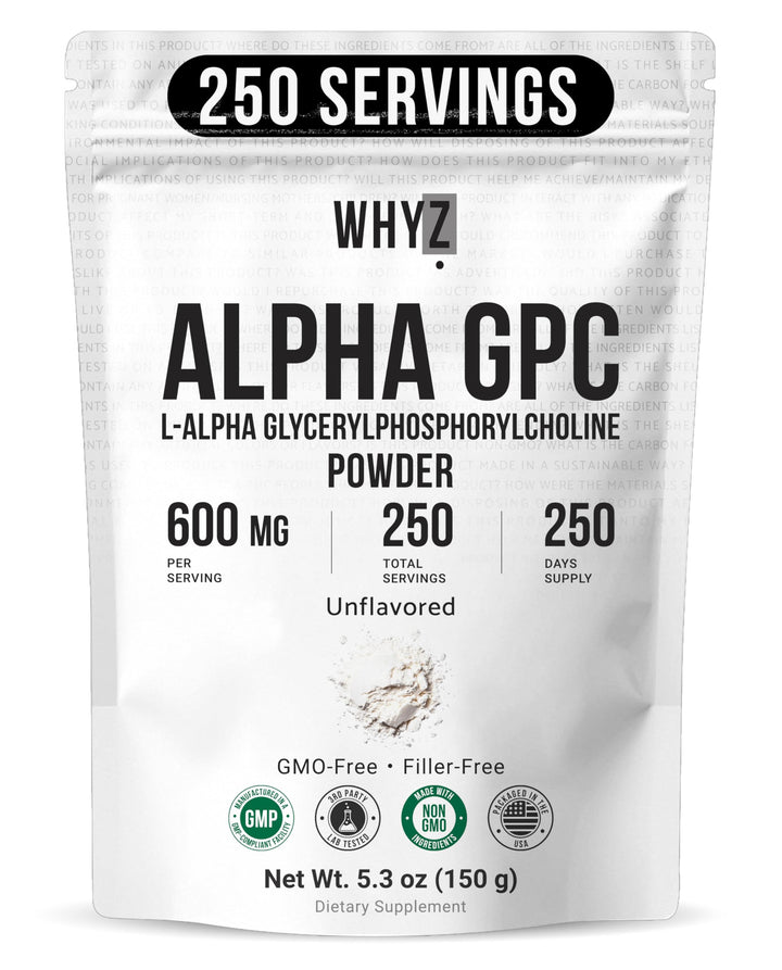 WHYZ Poudre Alpha-GPC 150g devant un fond neutre