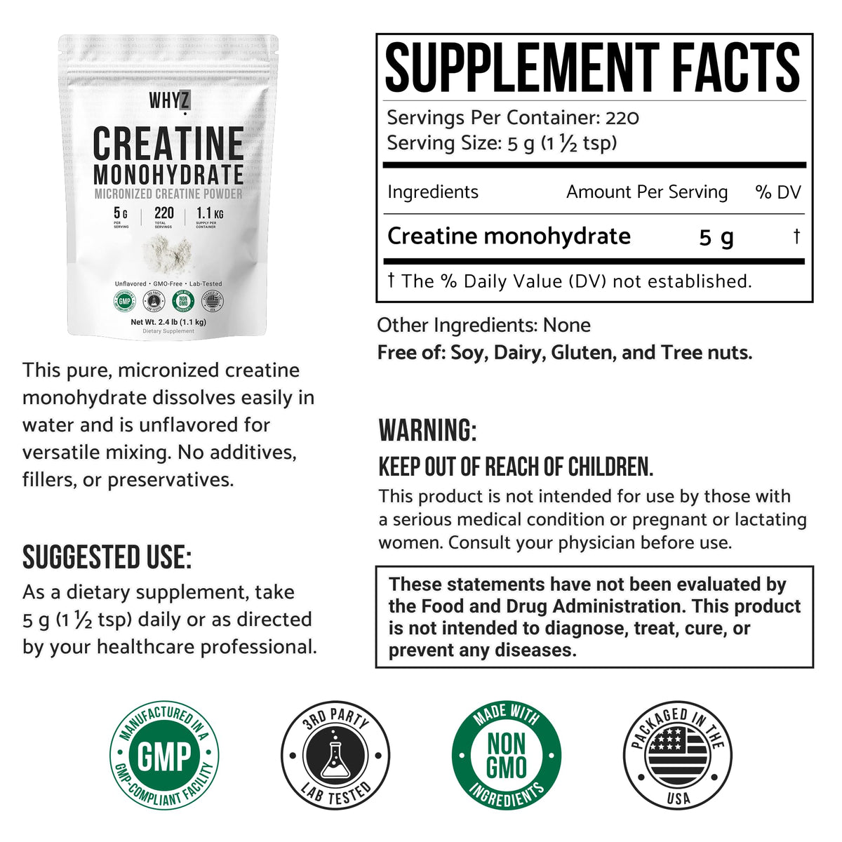 WHYZ Poudre de Créatine Monohydrate 1100g sachet refermable