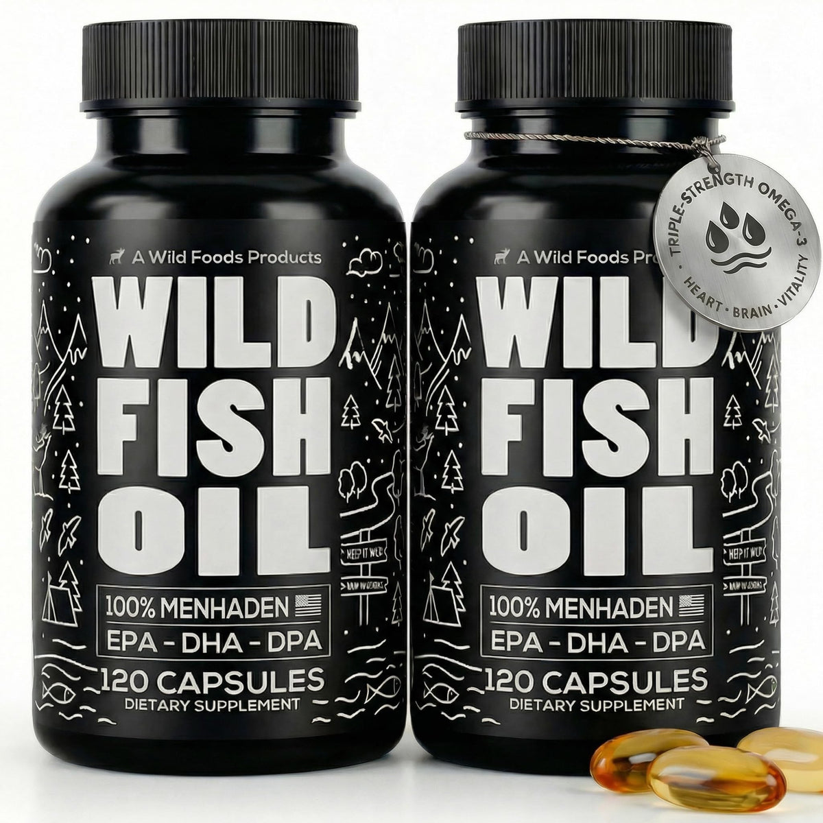 Wild Foods Huile de Poisson 240 capsules vue avant avec étiquette