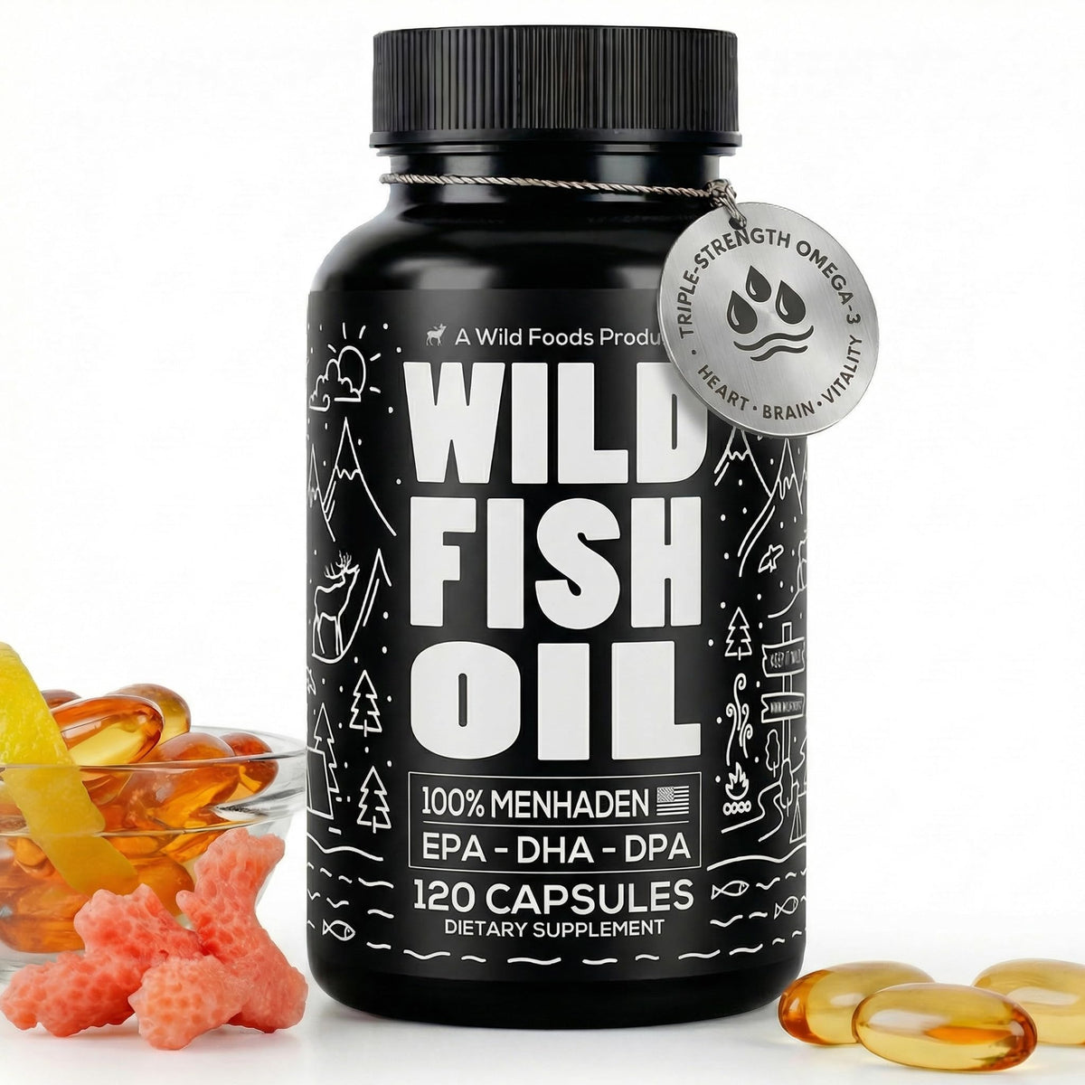 Wild Foods huile de poisson omega 3 1600mg capsules devant