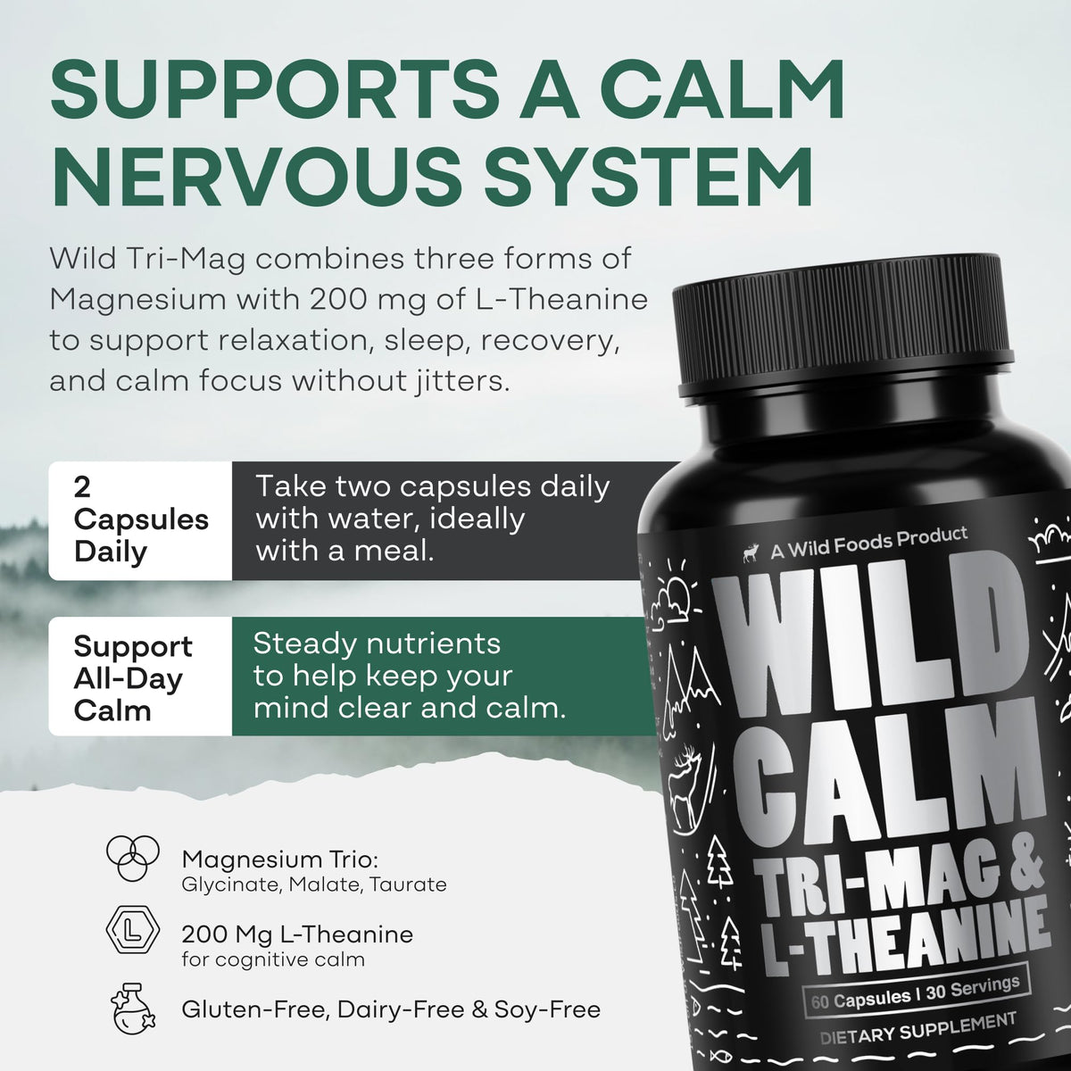 Wild Foods magnésium 3 en 1 avec capsules ouvertes