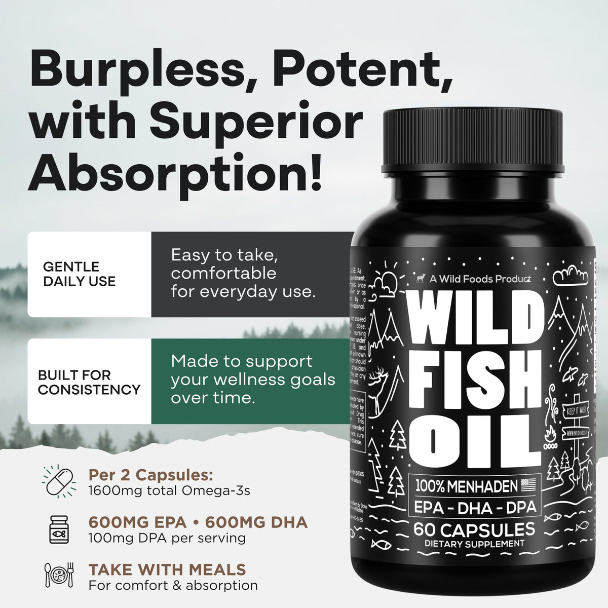 Wild Foods Omega 3 capsules sur une table