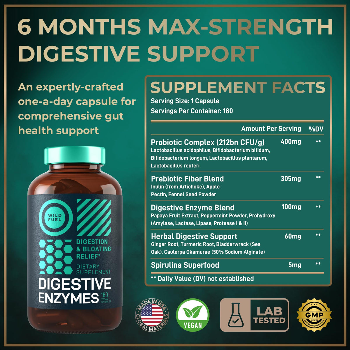 WILD FUEL Compléments Alimentaires Enzymes daily 180 Capsules avec étiquette