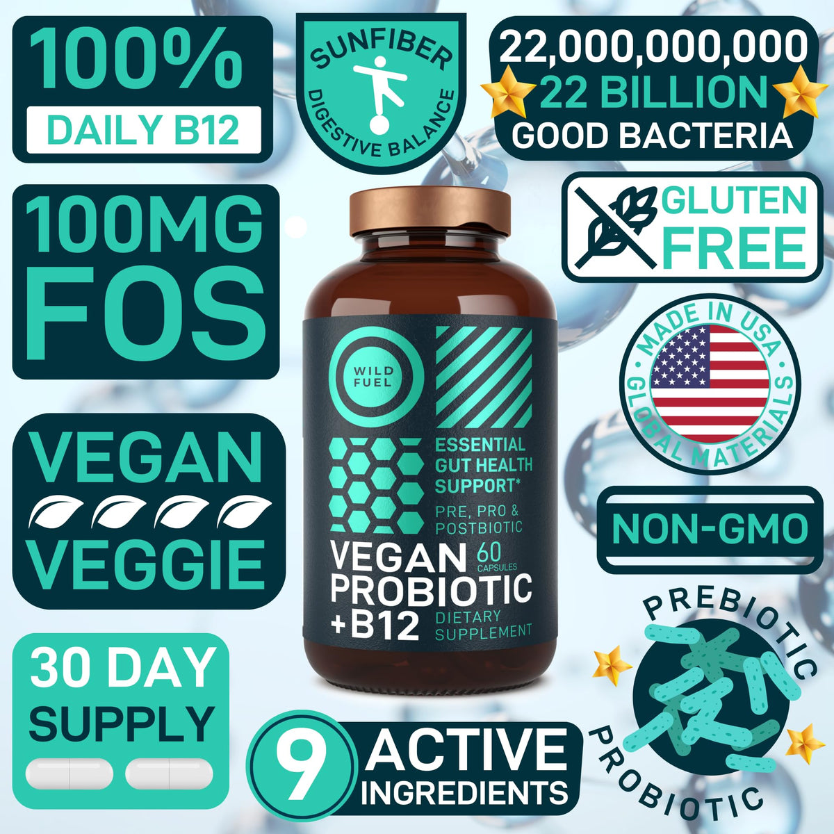 WILD FUEL Probiotiques Végans B12 - capsules sur une surface blanche