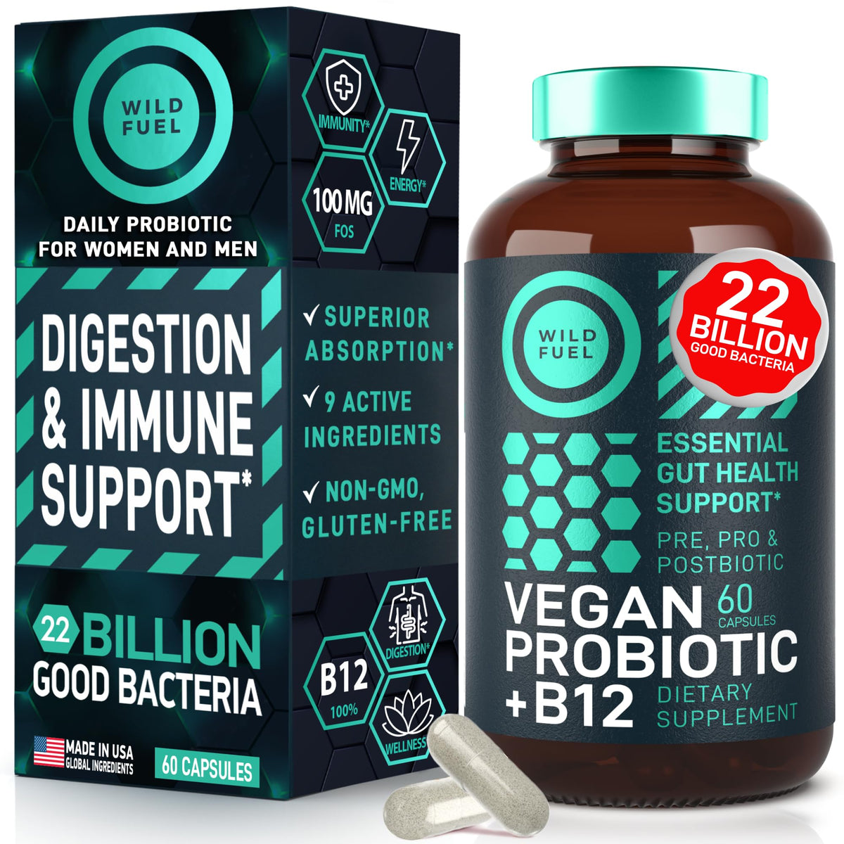 WILD FUEL Probiotiques Végans B12 & FOS - boîte de 60 capsules