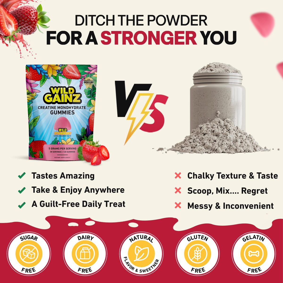 WILD GAINZ Gummies de Créatine Sans Sucre avec un arrière-plan sportif