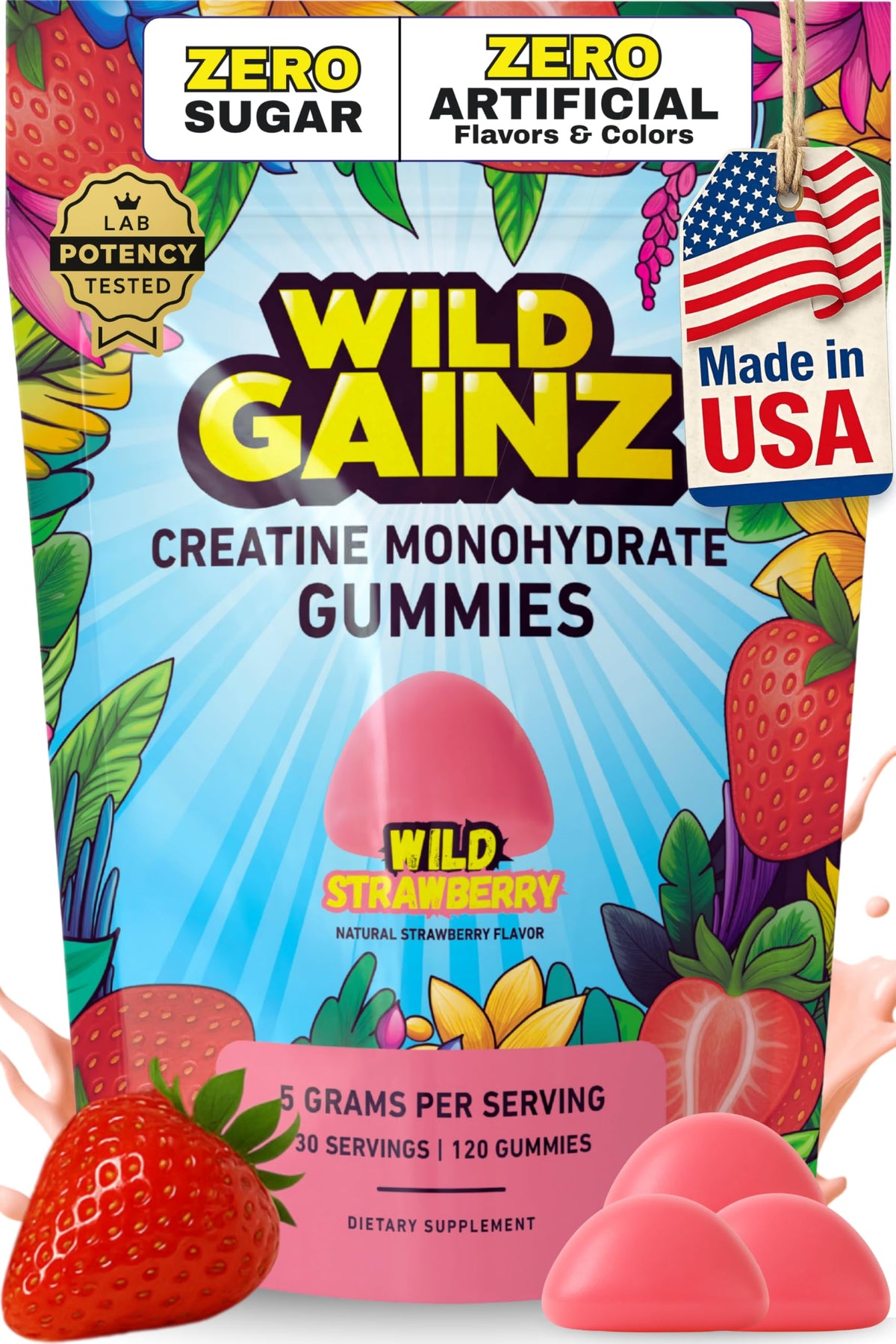 WILD GAINZ Gummies de Créatine Sans Sucre emballage avant avec fraises