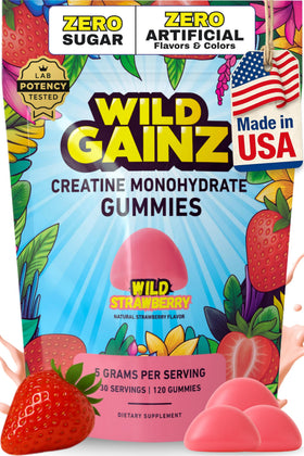 WILD GAINZ Gummies de Créatine Sans Sucre emballage avant avec fraises