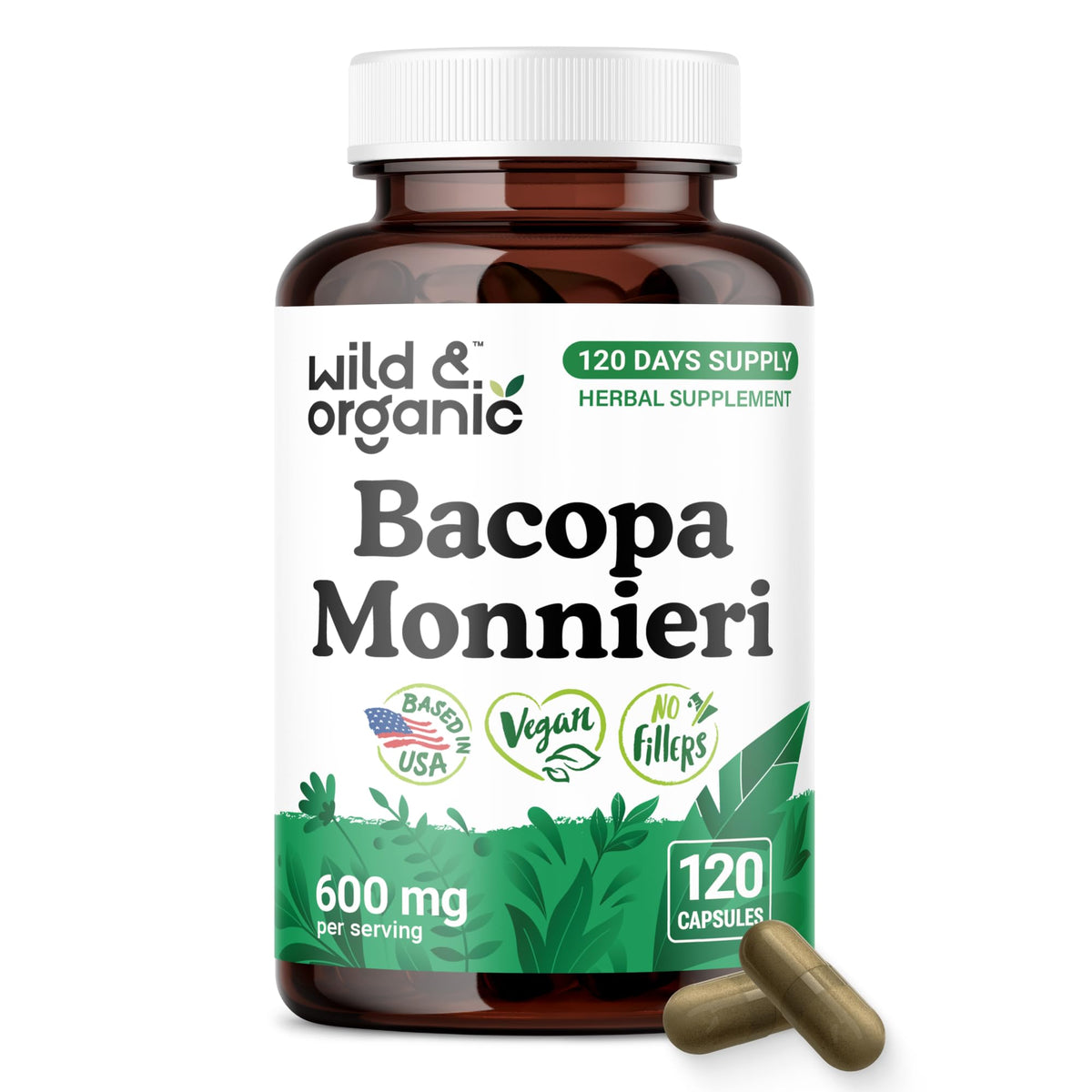 Wild & Organic Bacopa Monnieri 600 mg capsules front view