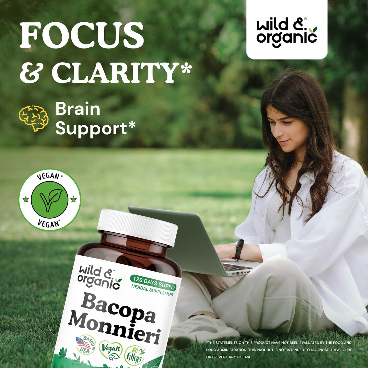 Wild & Organic Bacopa Monnieri bottle with 120 capsules