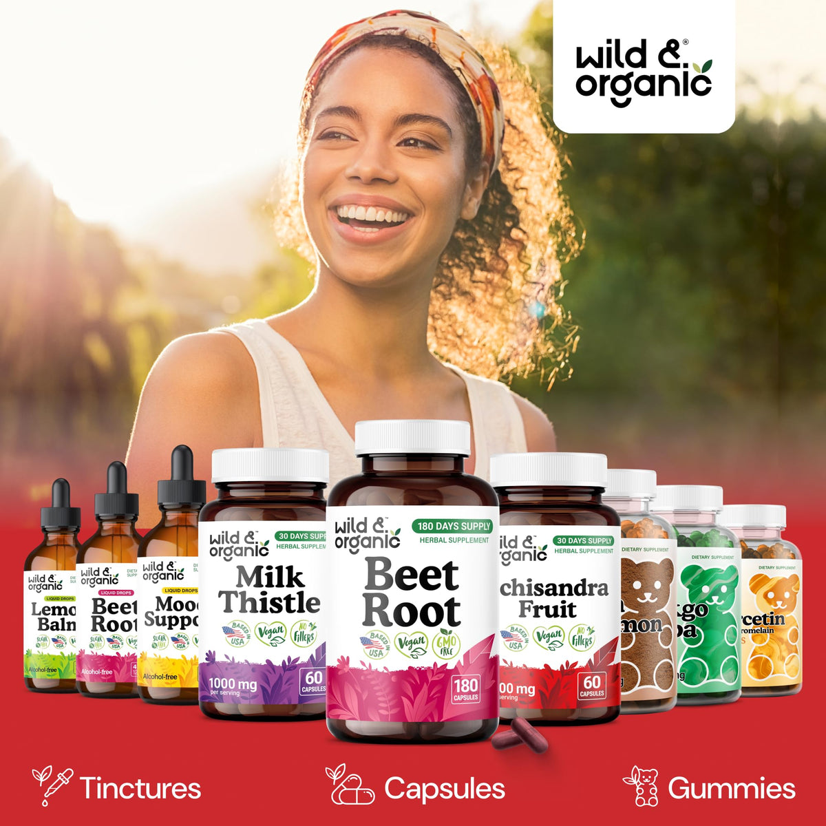 Wild & Organic capsules à côté de légumes frais