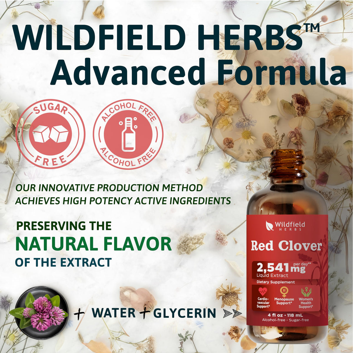WILDFIELD HERBS Extrait de Trèfle Rouge 4 oz étiquette détaillée