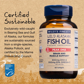 Wiley's Finest Huile de Poisson Peak DHA 60 Capsules avec flacon ouvert