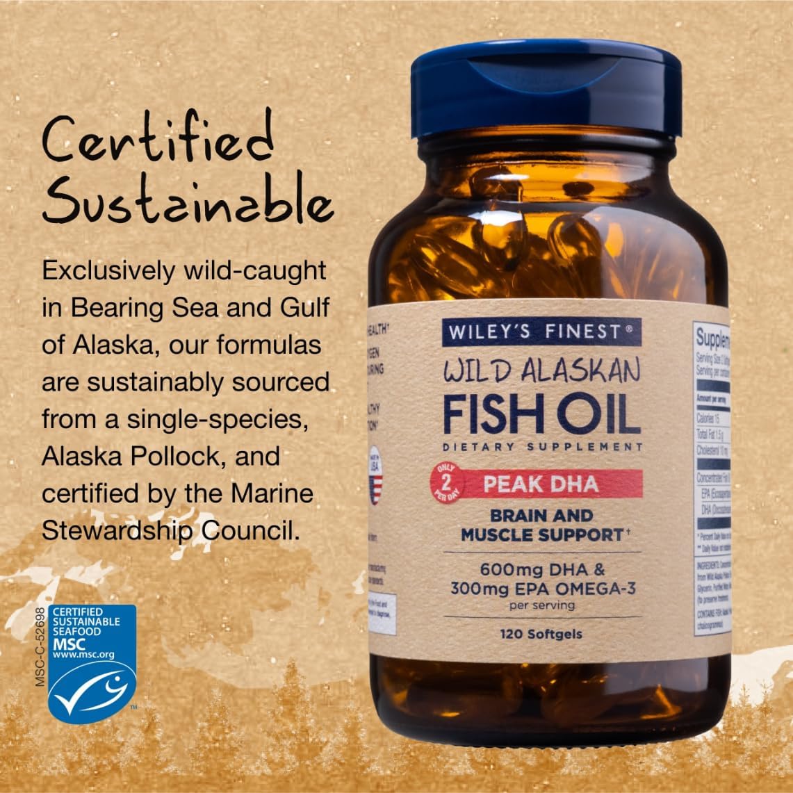 Wiley's Finest Huile de Poisson Peak DHA arrière du flacon avec informations nutritionnelles