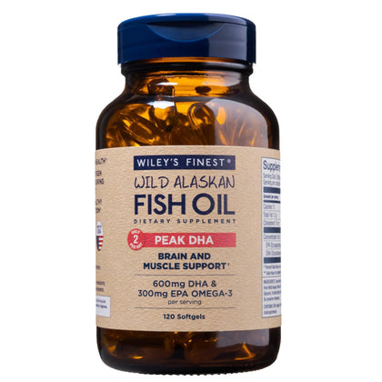 Wiley's Finest Huile de Poisson Peak DHA flacon avant avec étiquetage clair