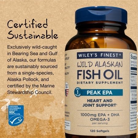 Wiley's Finest Huile de Poisson Peak EPA comprimés sur une table