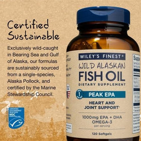 Wiley's Finest Huile de Poisson Peak EPA comprimés sur une table