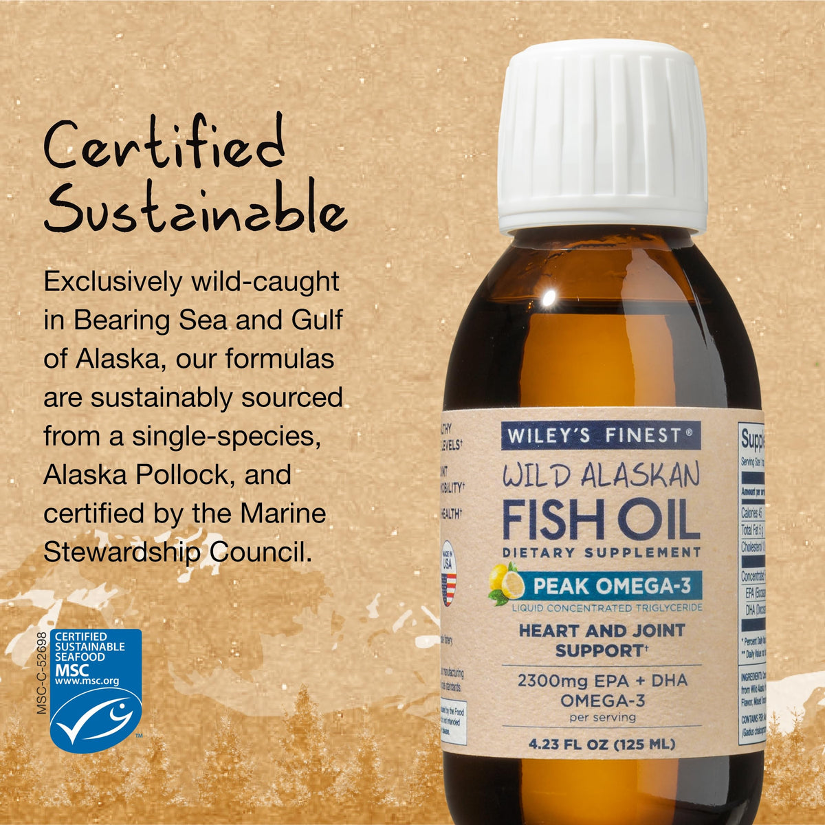 Wiley's Finest Huile de Poisson Sauvage d'Alaska 4,23 fl oz en utilisation avec un verre
