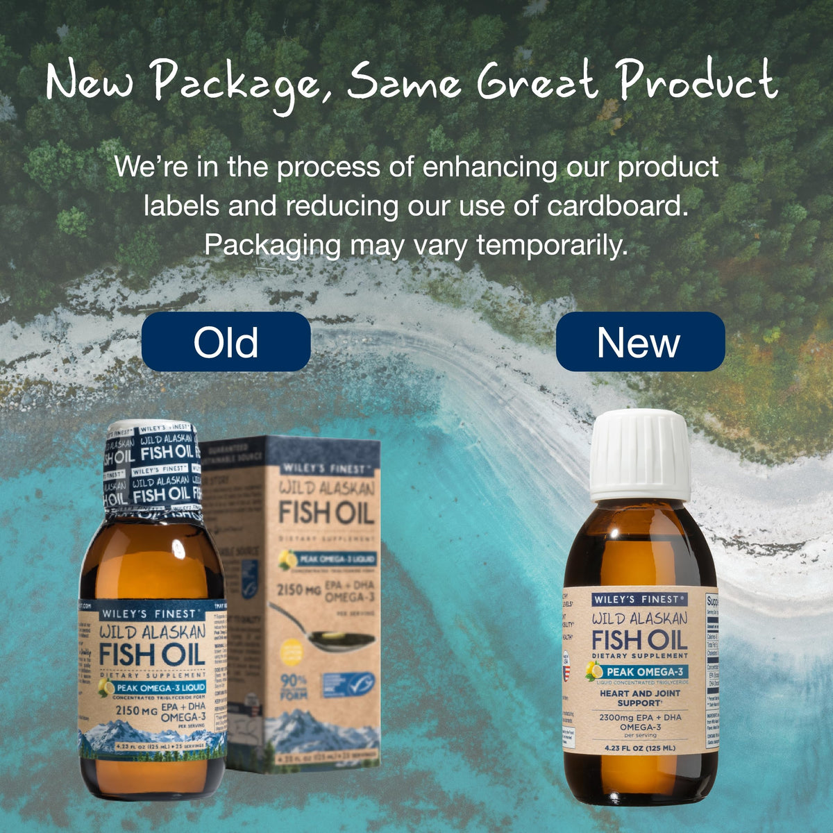 Wiley's Finest Huile de Poisson Sauvage d'Alaska 4,23 fl oz mise en scène avec des ingrédients frais