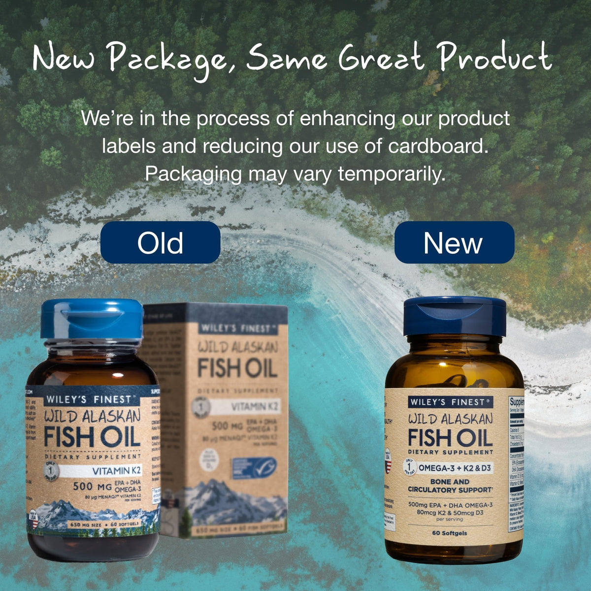 Wiley's Finest Omega-3 60 gélules en boîte sur une surface de cuisine