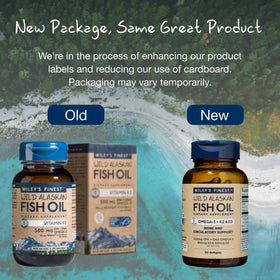 Wiley's Finest Omega-3 60 gélules en boîte sur une surface de cuisine