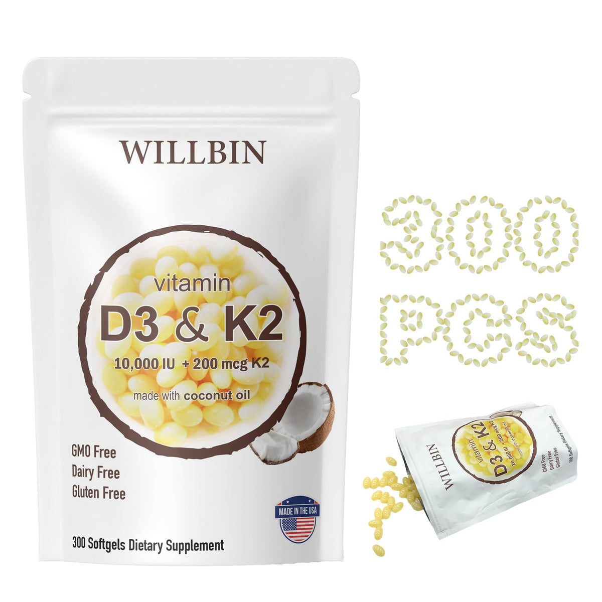 Willbin 300 Pcs Vitamines D3 10000 IU et K2 200 mcg Softgels vue avant