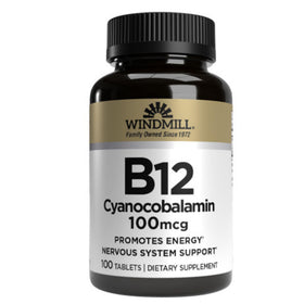 Windmill B-12 100 mcg Tablettes, comprimé individuel sur fond blanc
