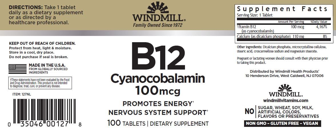 Windmill B-12 100 mcg Tablettes, étiquette de la bouteille avec ingrédients