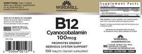 Windmill B-12 100 mcg Tablettes, étiquette de la bouteille avec ingrédients