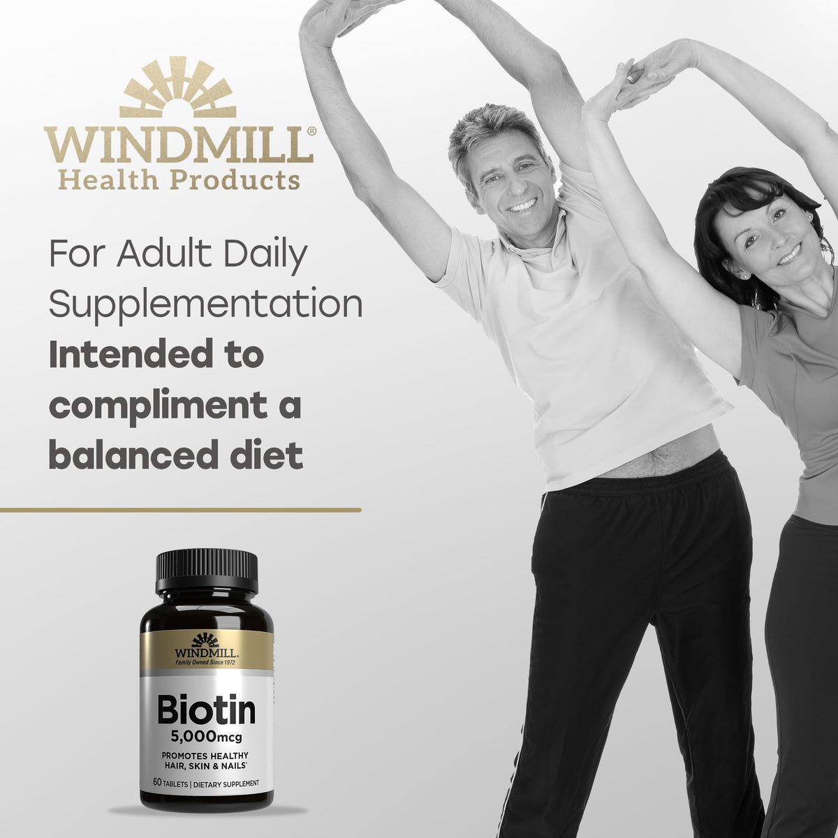 Windmill Biotine 5000 mcg boîte de côté avec dimensions