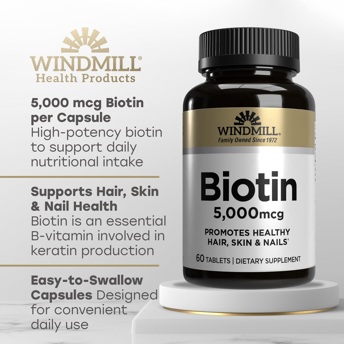 Windmill Biotine 5000 mcg comprimés sur fond blanc