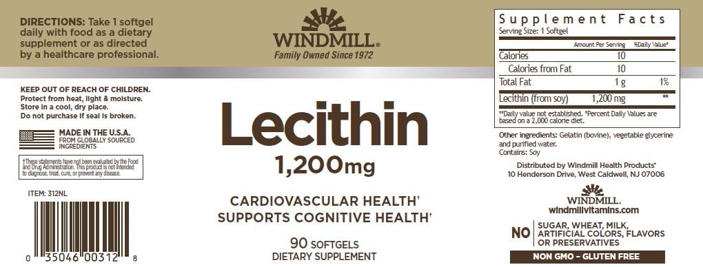 Windmill Lecithin 90 gélules souples, présentation avec une gélule en main