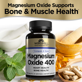 Windmill Magnésium Oxyde 400 mg capsules sur fond blanc