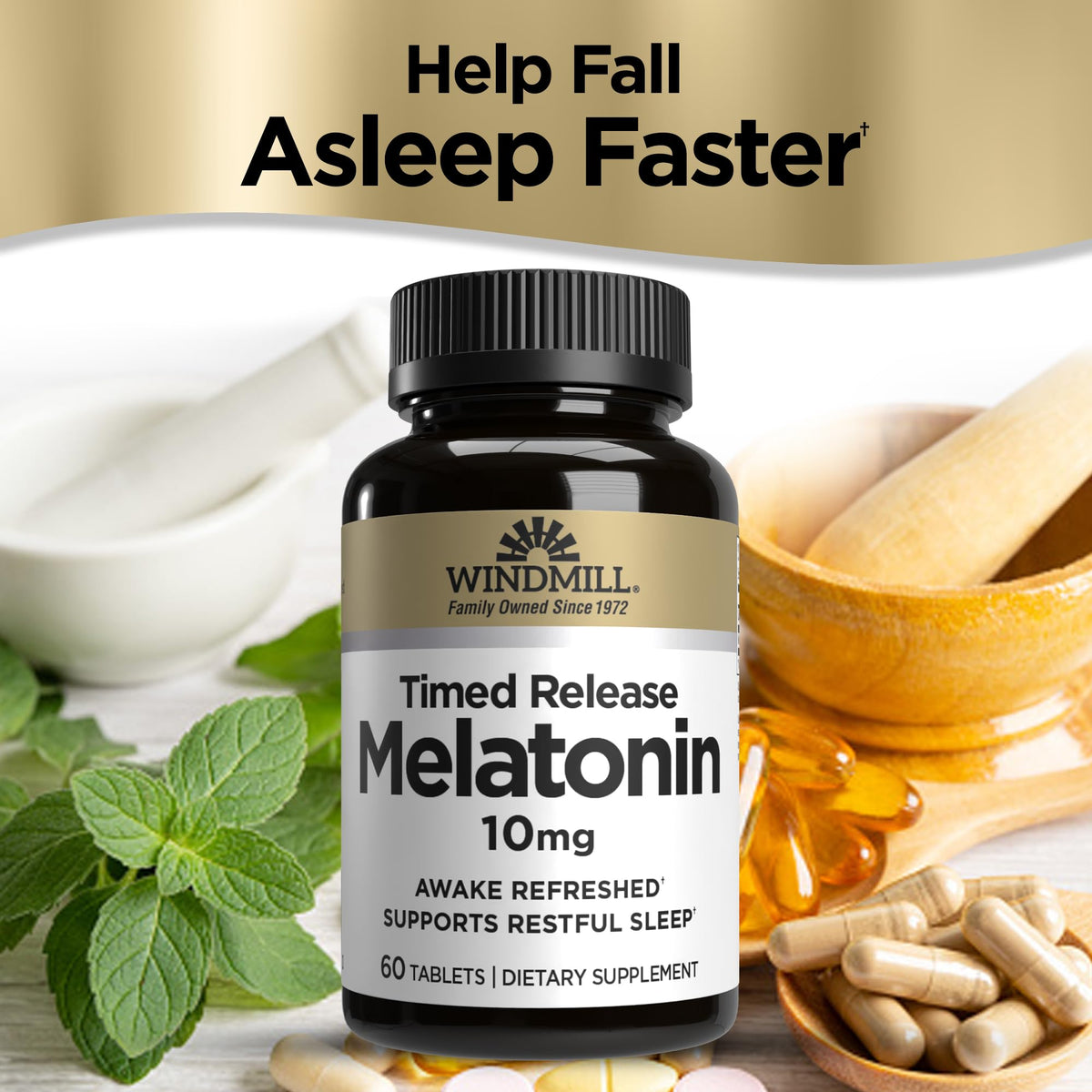 Windmill Melatonine 10 mg comprimés, vue de dessus avec dosage