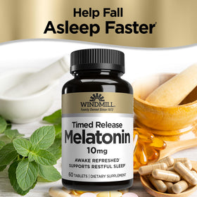 Windmill Melatonine 10 mg comprimés, vue de dessus avec dosage