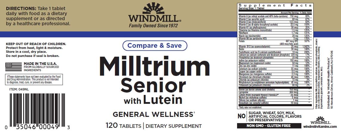 Windmill Milltrium Senior Lutein comprimés montrant la taille et la forme