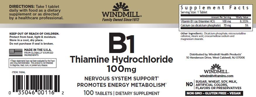 Windmill Vitamine B-1 100 mg comprimés vus de dessus