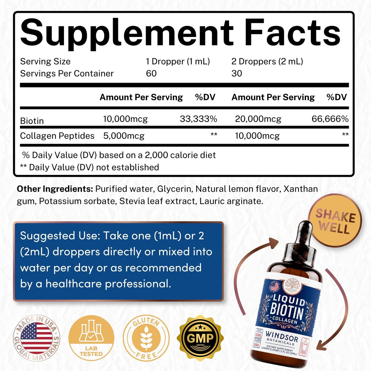 WINDSOR BOTANICALS Biotine Liquide 10 000 mcg gouttes avec citron