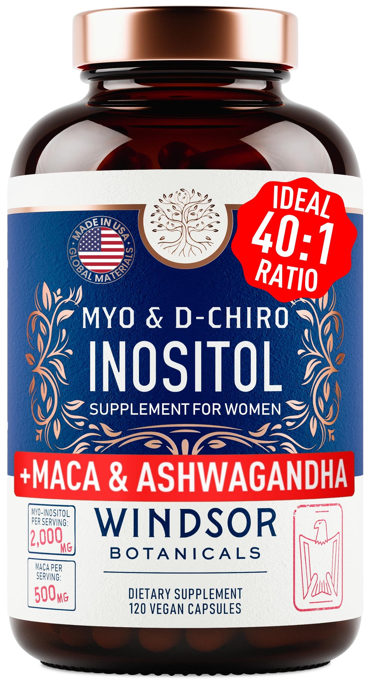 WINDSOR BOTANICALS Myo-Inositol & D-Chiro Inositol 120 capsules front view